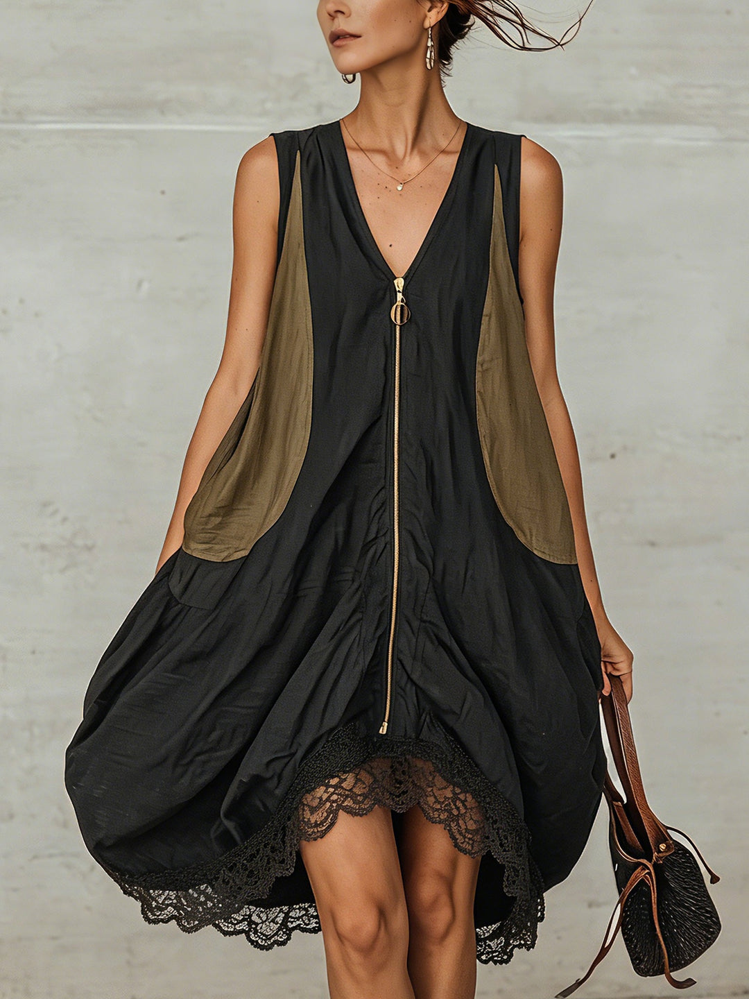 Mirelle – Color-Block Zip-Front Tulip Mini Dress with Lace Hem + 50% OFF