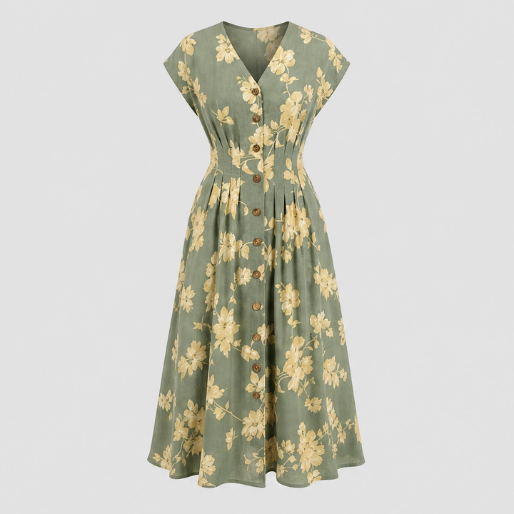 Verbena™ – Floral V-Neck Button-Down Pleated Midi Dress + 50% OFF