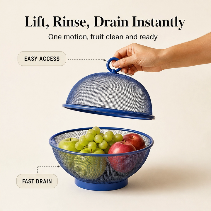 Larder™ – Breathable Mesh Fruit Basket with Dome Lid &amp; Built-In Colander + 50% OFF