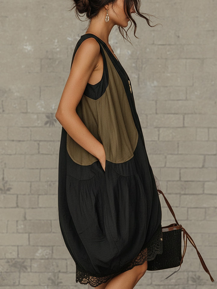 Mirelle – Color-Block Zip-Front Tulip Mini Dress with Lace Hem + 50% OFF