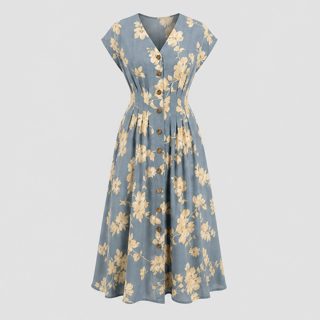 Verbena™ – Floral V-Neck Button-Down Pleated Midi Dress + 50% OFF