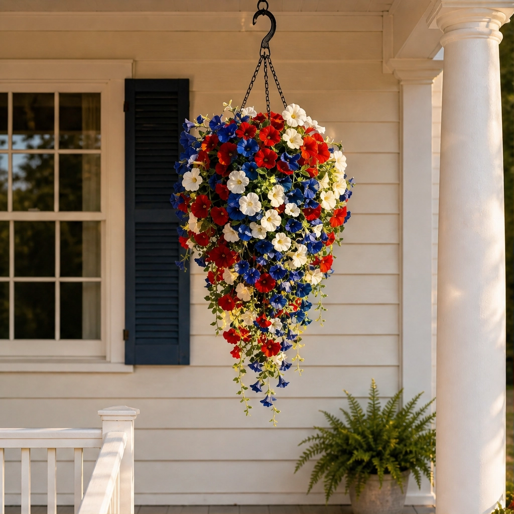Bunting &amp; Bloom™ – Patriotic LED Hanging Flower Basket with Remote-Controlled Lights &amp; Mini American Flags + 50% OFF