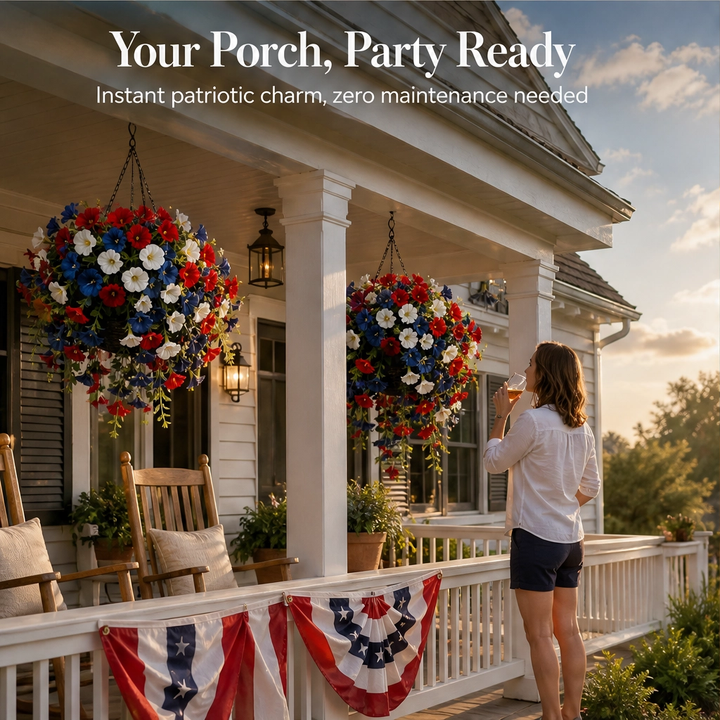 Bunting &amp; Bloom™ – Patriotic LED Hanging Flower Basket with Remote-Controlled Lights &amp; Mini American Flags + 50% OFF