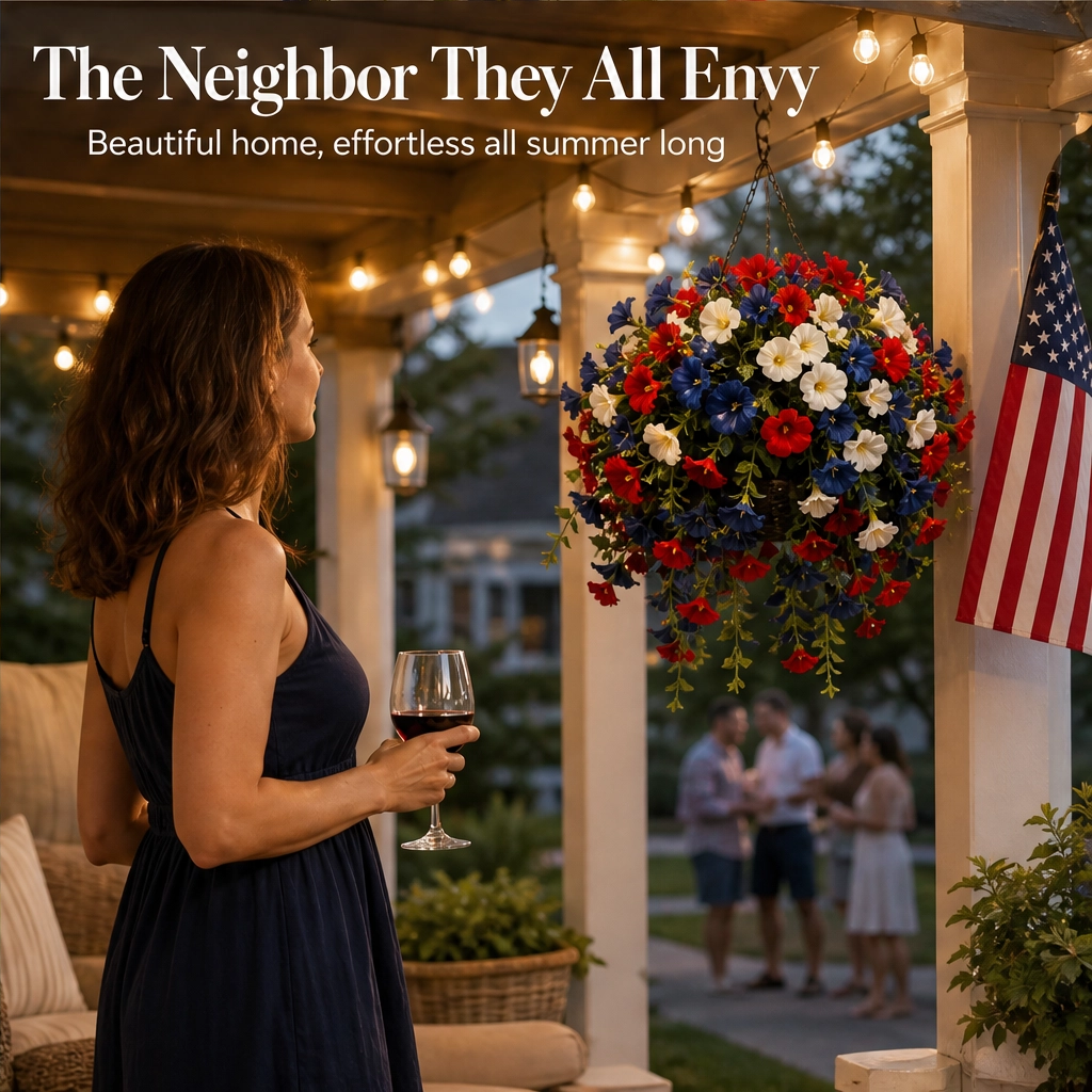 Bunting &amp; Bloom™ – Patriotic LED Hanging Flower Basket with Remote-Controlled Lights &amp; Mini American Flags + 50% OFF