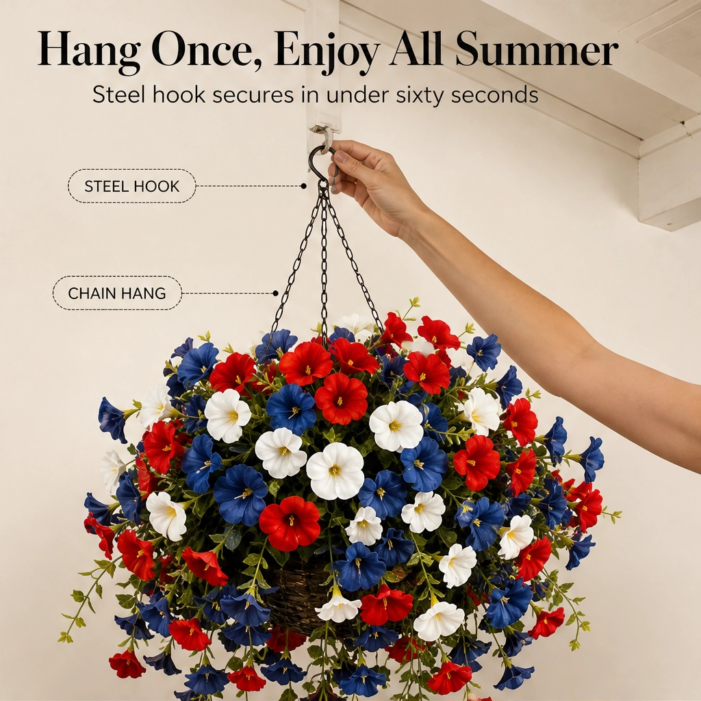 Bunting &amp; Bloom™ – Patriotic LED Hanging Flower Basket with Remote-Controlled Lights &amp; Mini American Flags + 50% OFF