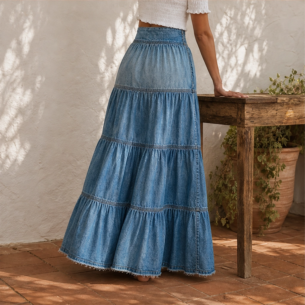 Willowdrift™ – High-Waisted Tiered A-Line Boho Denim Maxi Skirt + 50% OFF