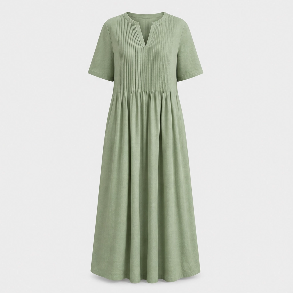 Lindelle™ – Pleated V-Neck Flowy Maxi Dress with Pockets + 50% OFF