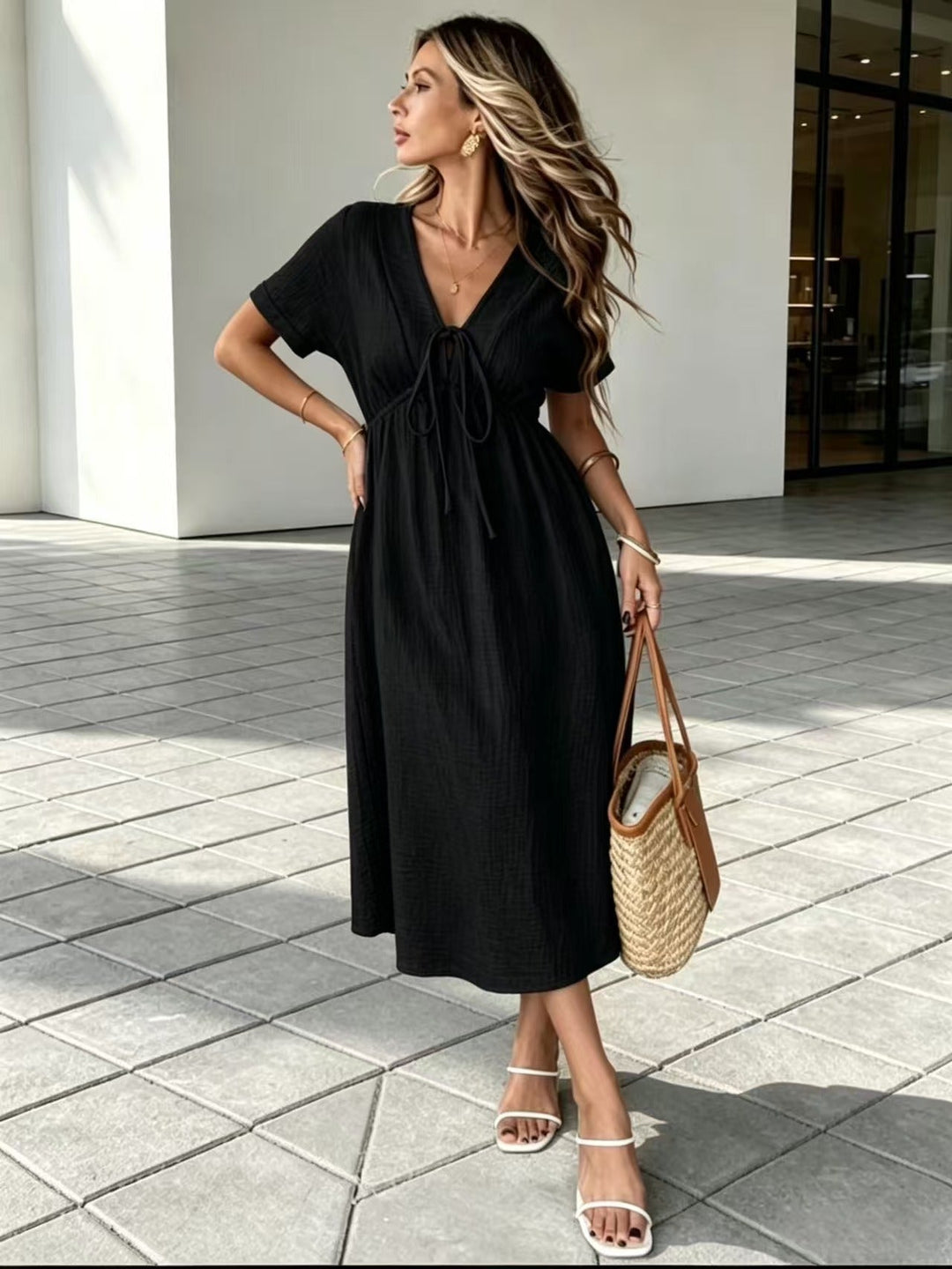 Marindale™ – Crinkle Gauze V-Neck Tie-Detail Midi Dress with Pockets + 50% OFF