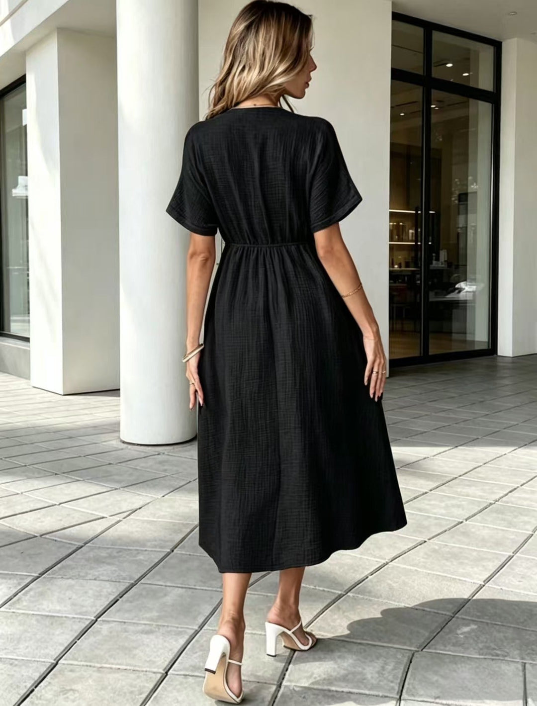 Marindale™ – Crinkle Gauze V-Neck Tie-Detail Midi Dress with Pockets + 50% OFF