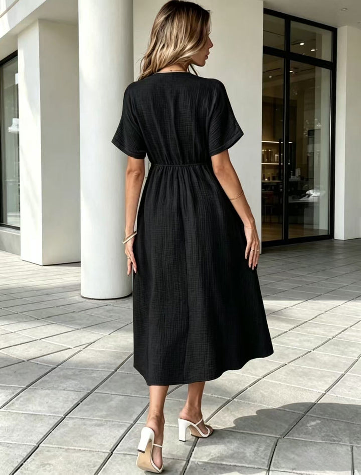 Marindale™ – Crinkle Gauze V-Neck Tie-Detail Midi Dress with Pockets + 50% OFF