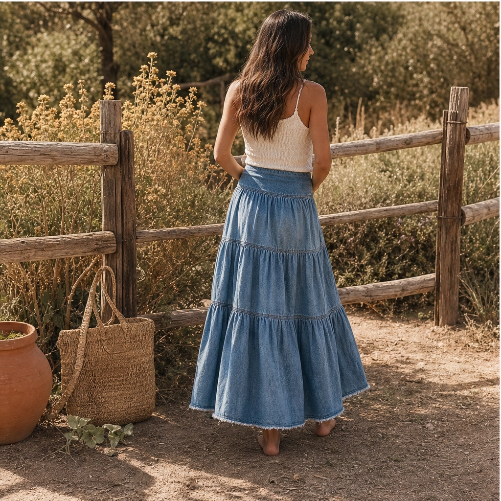 Willowdrift™ – High-Waisted Tiered A-Line Boho Denim Maxi Skirt + 50% OFF