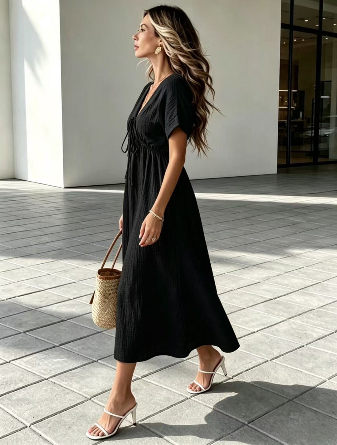 Marindale™ – Crinkle Gauze V-Neck Tie-Detail Midi Dress with Pockets + 50% OFF