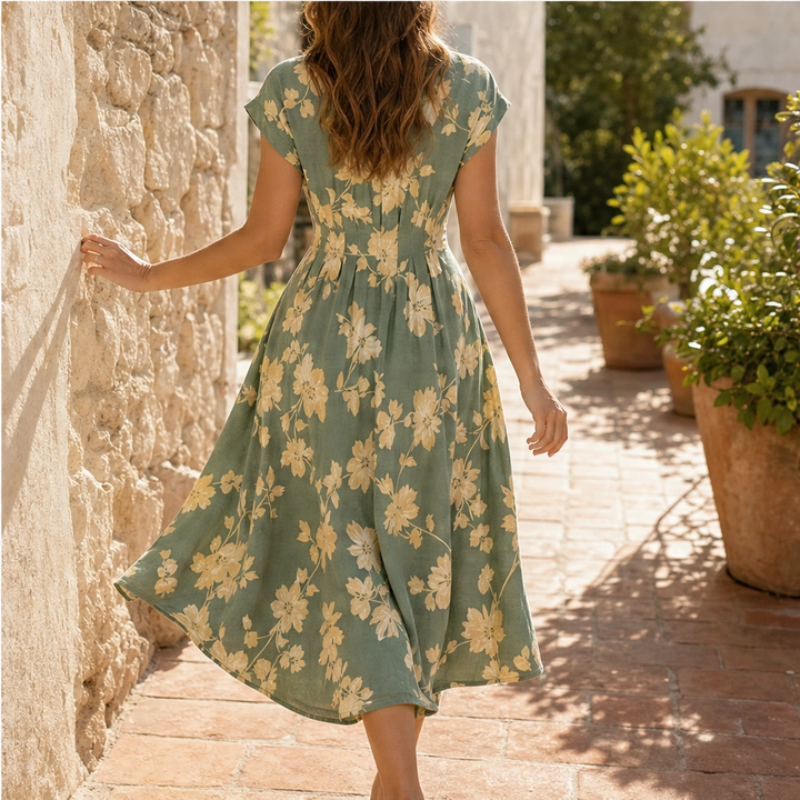 Verbena™ – Floral V-Neck Button-Down Pleated Midi Dress + 50% OFF