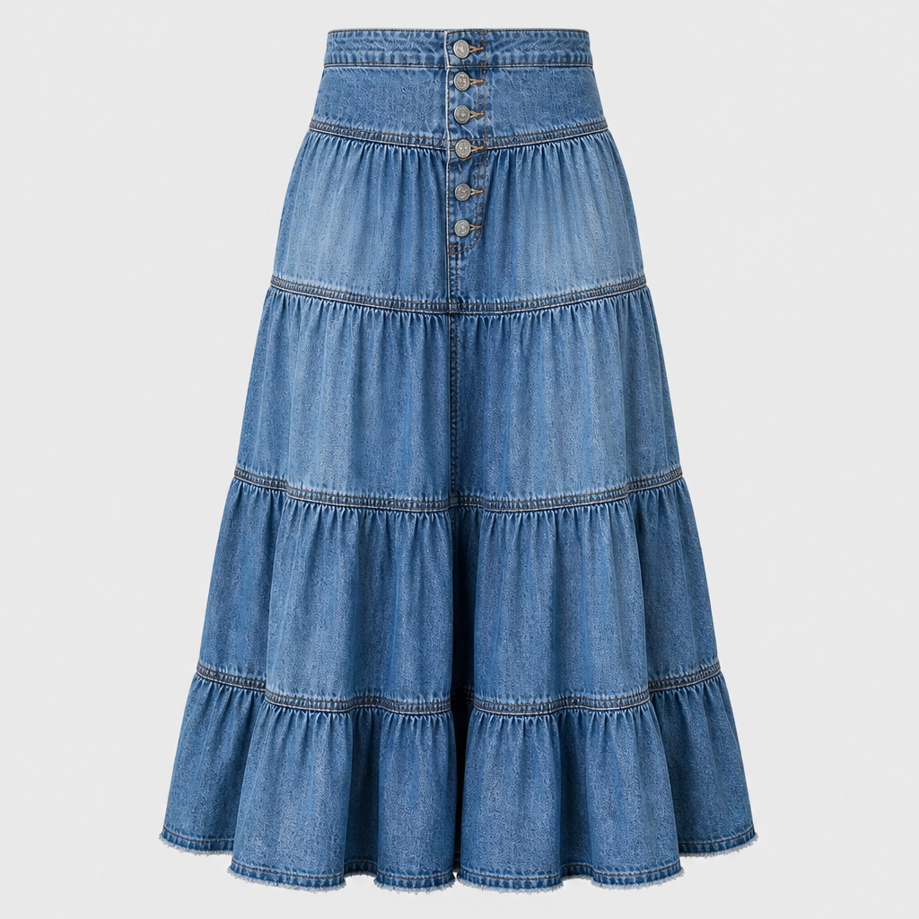 Willowdrift™ – High-Waisted Tiered A-Line Boho Denim Maxi Skirt + 50% OFF