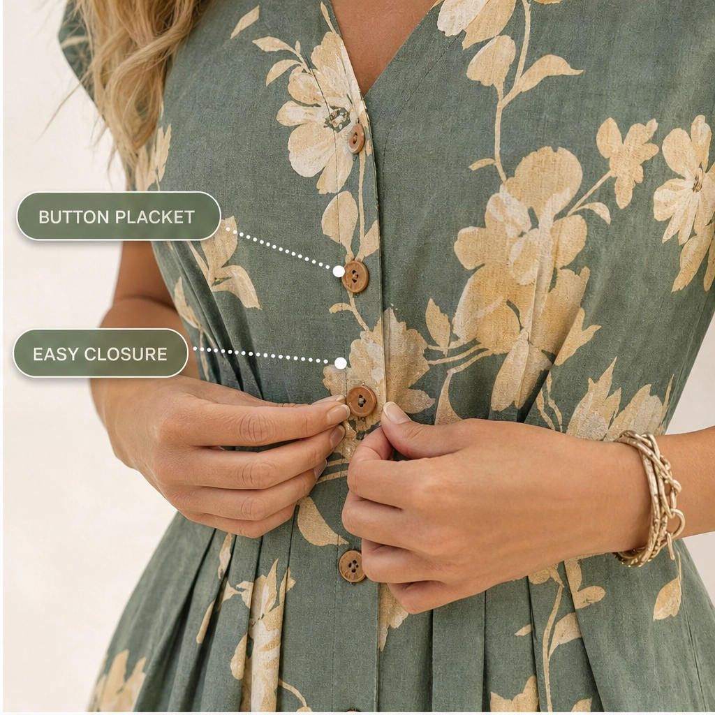 Verbena™ – Floral V-Neck Button-Down Pleated Midi Dress + 50% OFF