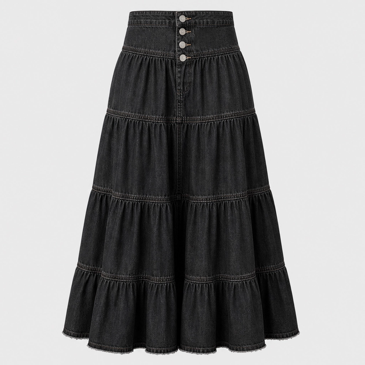Willowdrift™ – High-Waisted Tiered A-Line Boho Denim Maxi Skirt + 50% OFF