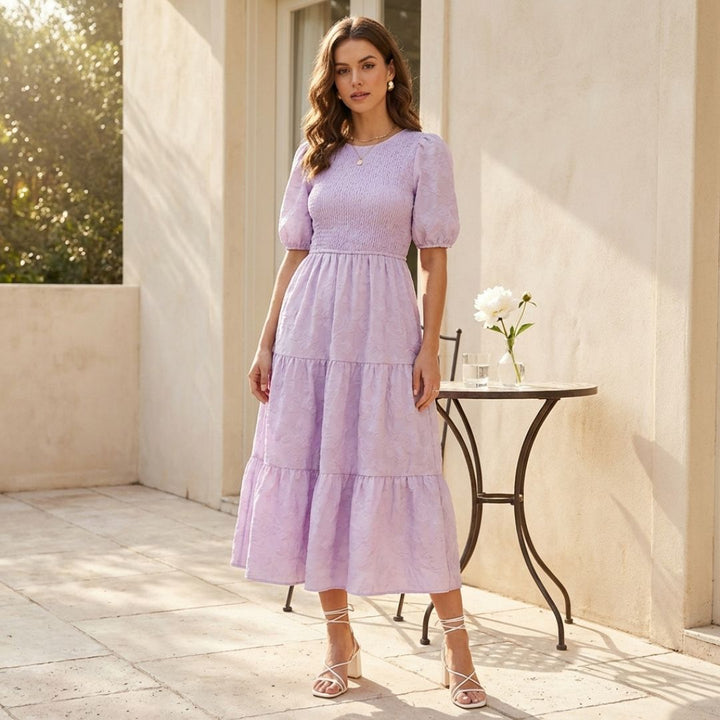 Gossamer™ – Smocked Puff Sleeve Tiered Midi Dress + 50% OFF
