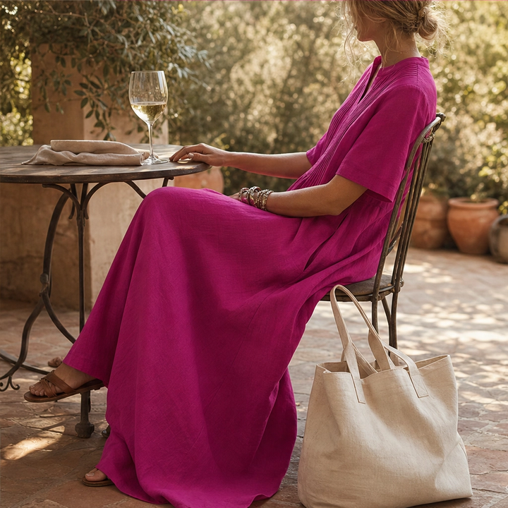 Lindelle™ – Pleated V-Neck Flowy Maxi Dress with Pockets + 50% OFF