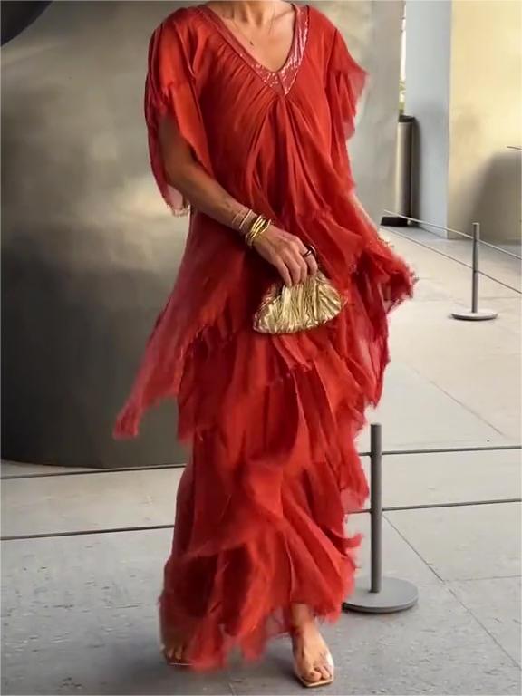 The AuraFlow Maxi Dress - Elegant V-Neck, Tiered Ruffle Skirt, and Off Sale + 50% OFF