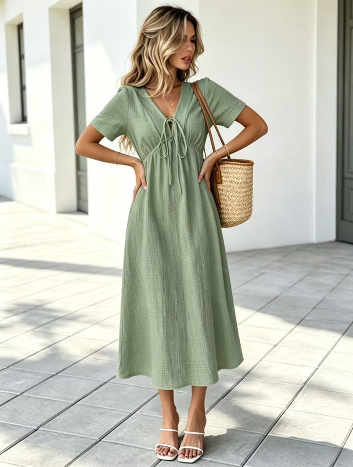 Marindale™ – Crinkle Gauze V-Neck Tie-Detail Midi Dress with Pockets + 50% OFF
