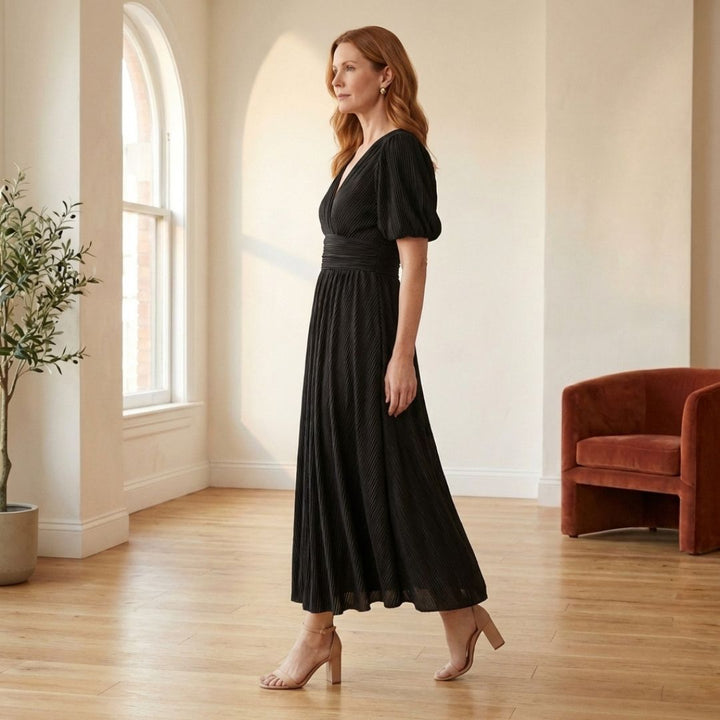Plissé™ – Ruched Waist Puff Sleeve Midi Dress | V-Neck Flowing Fabric for Women + 50% OFF