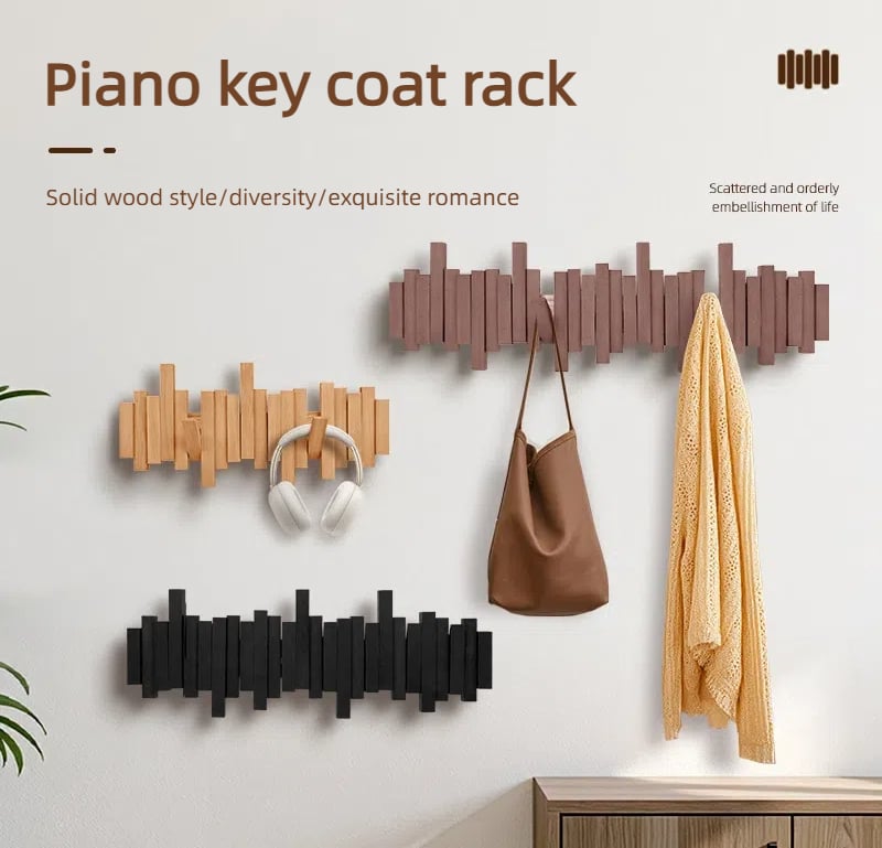 The AuraCoat Piano Rack - Wall-Mounted Wooden Coat Rack with Piano Key Style Design + 50% OFF