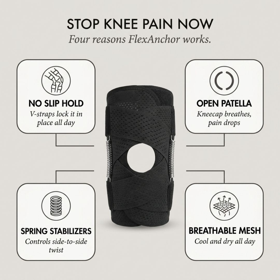 FlexAnchor™ – Open-Patella Knee Brace with V-Strap Support &amp; Spring Stabilizers + 50% OFF