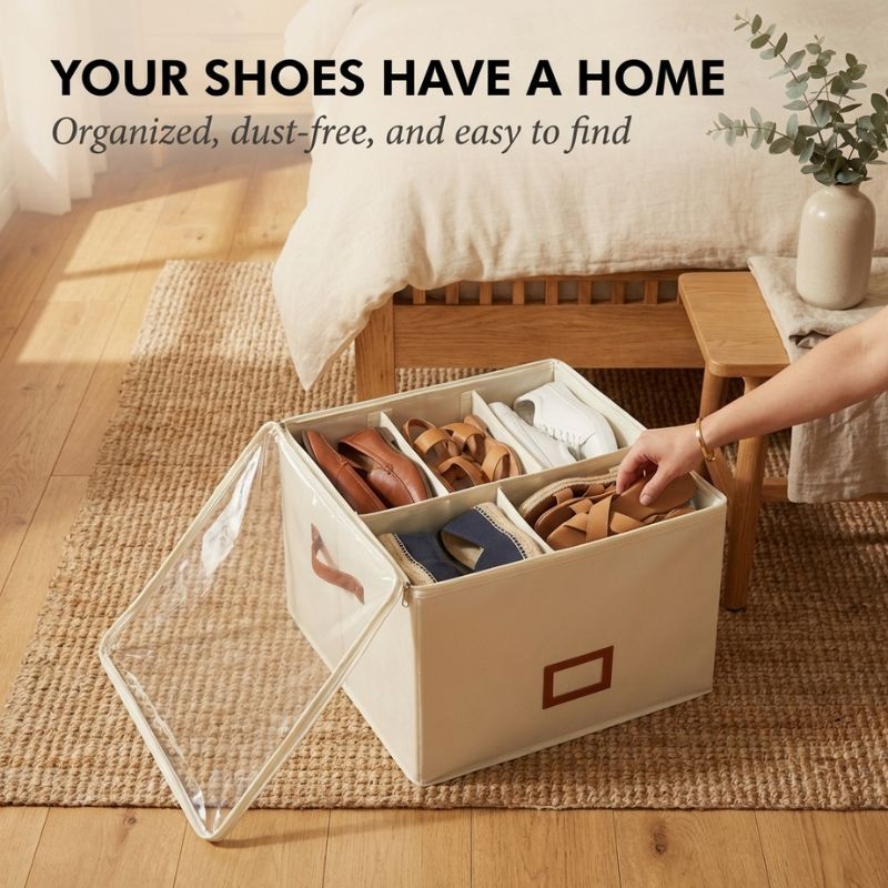 Alcove™ – Foldable Shoe Storage Box with Adjustable Dividers, Dustproof Lid &amp; Handles | Holds 8-16 Pairs + 50% OFF