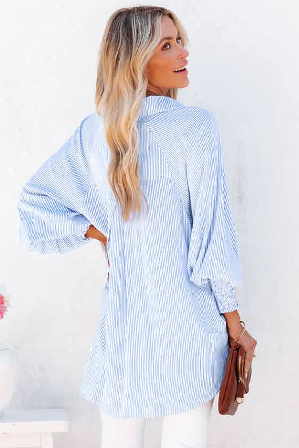 The AuraFlow Striped Lapel Shirt - Oversized Drawdown Sleeves, Mid-Length Fit, + 50% OFF