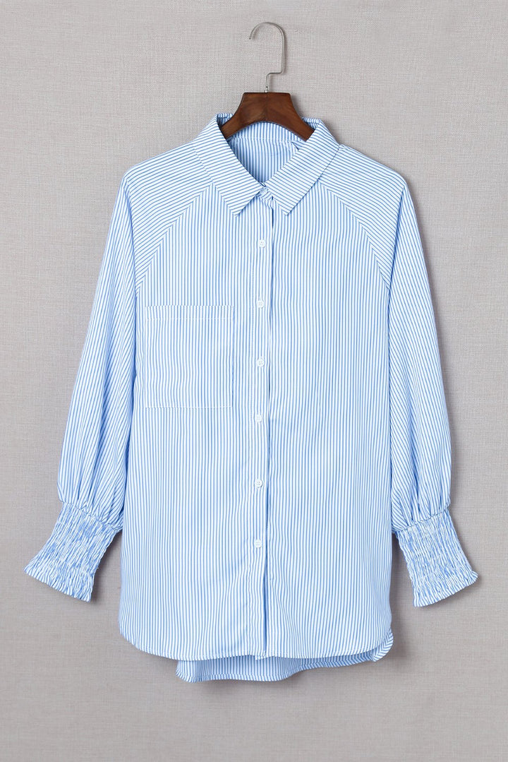 The AuraFlow Striped Lapel Shirt - Oversized Drawdown Sleeves, Mid-Length Fit, + 50% OFF