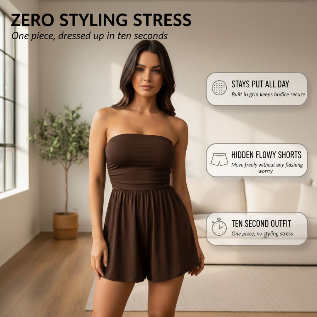 Sway™ – Strapless Ruched Bodice Flowy-Short Romper for Women + 50% OFF
