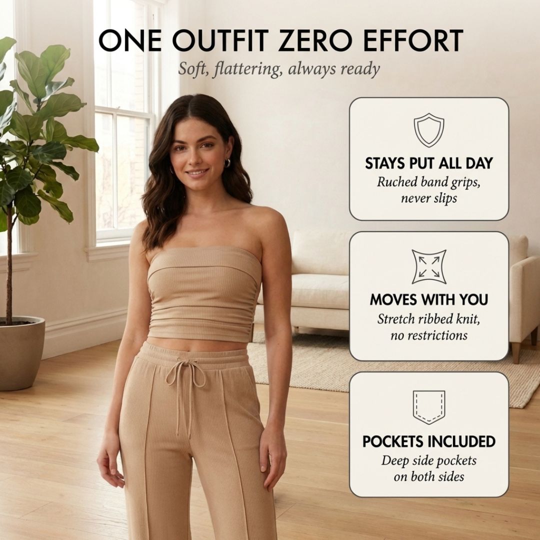 Riveaux™ – Ribbed Strapless Crop Top &amp; Wide-Leg Pants Matching Set + 50% OFF