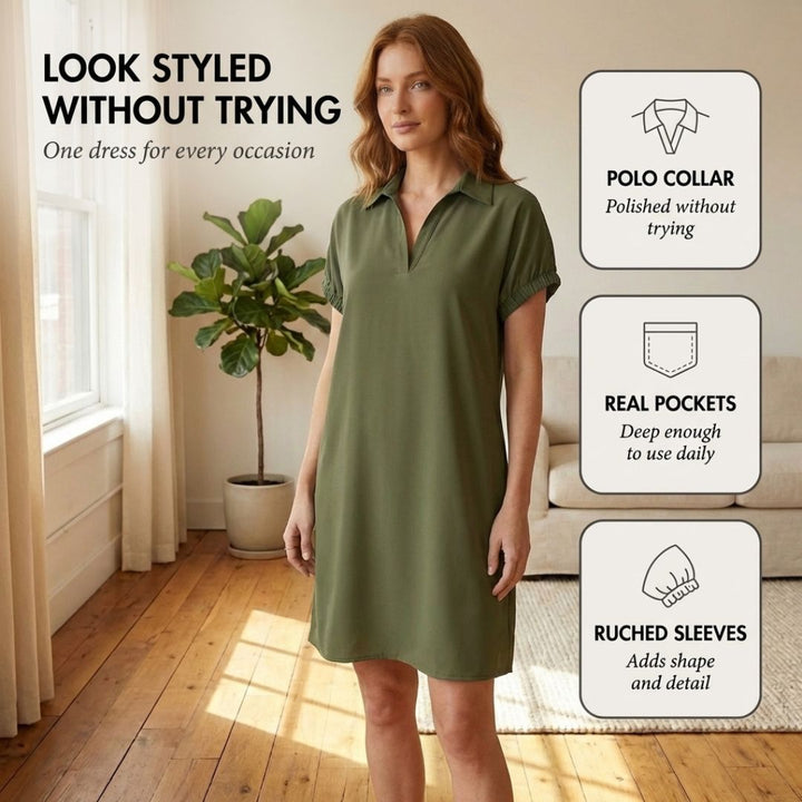 Willowbrook™ – Collared V-Neck Shirt Dress with Pockets, Ruched Sleeves, Lightweight Summer Dress for Women + 50% OFF