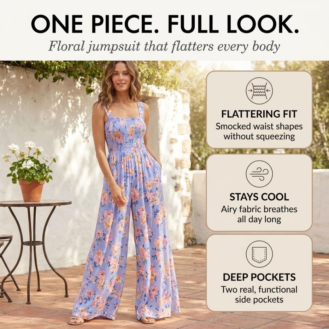 Petalia™ – Smocked Floral Wide-Leg Sleeveless Jumpsuit with Pockets + 50% OFF