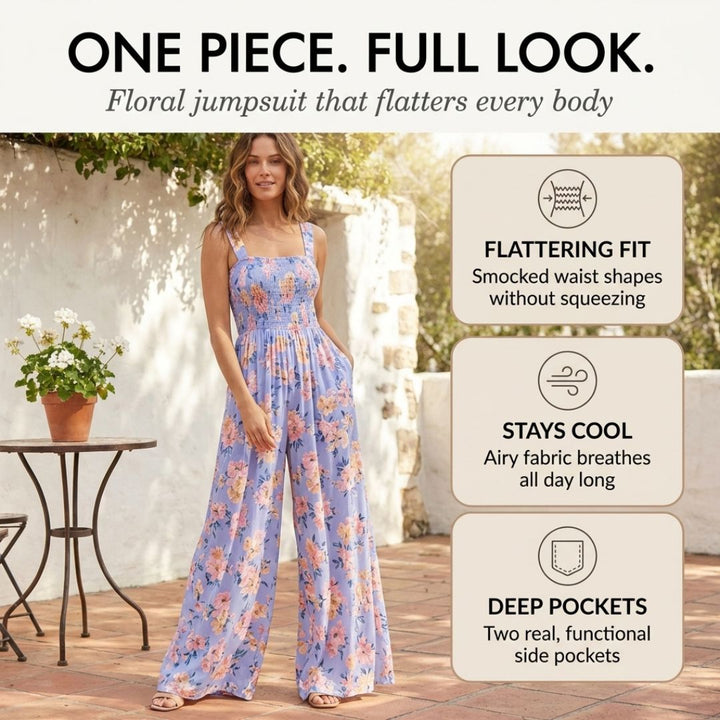 Petalia™ – Smocked Floral Wide-Leg Sleeveless Jumpsuit with Pockets + 50% OFF