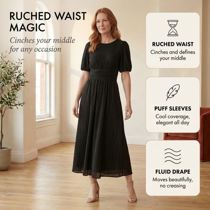 Plissé™ – Ruched Waist Puff Sleeve Midi Dress | V-Neck Flowing Fabric for Women + 50% OFF