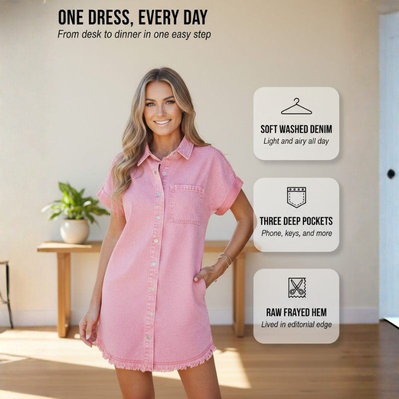 Chambray™ – Soft Washed Denim Button-Down Shirt Dress with Raw Frayed Hem + 50% OFF
