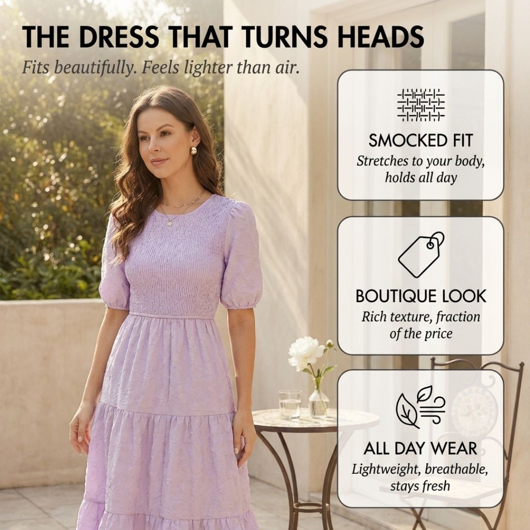 Gossamer™ – Smocked Puff Sleeve Tiered Midi Dress + 50% OFF