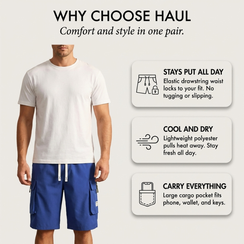 Haul™ – Elastic Drawstring Waist Cargo Shorts for Men + 50% OFF