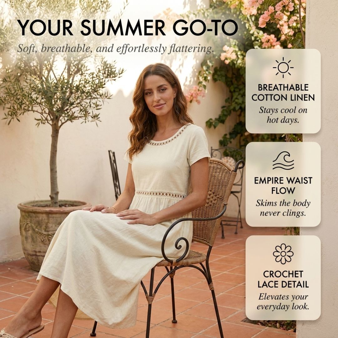 Meadowick™ – Crochet Lace Empire-Waist Cotton Linen Midi Dress + 50% OFF