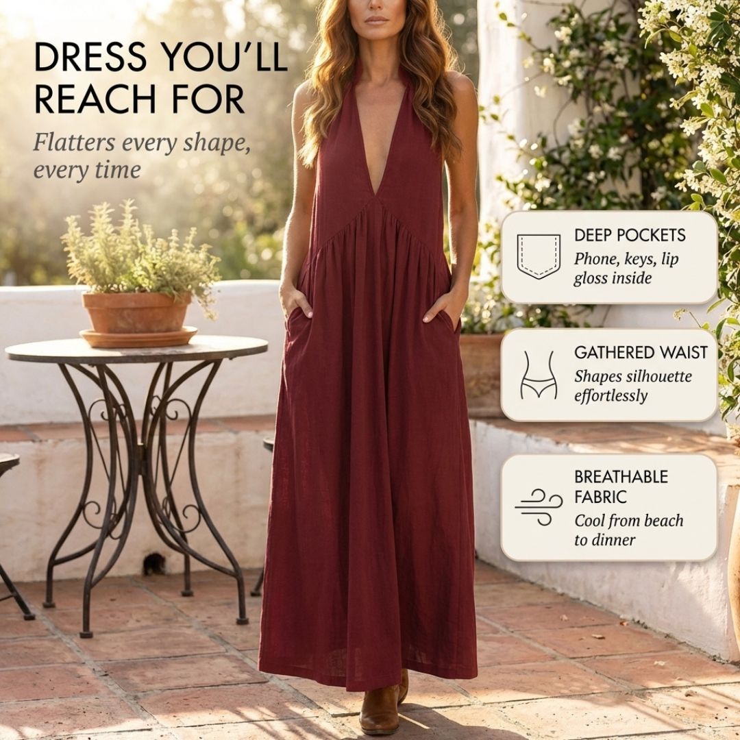 Velune™ – Ruffle Halter Deep V Maxi Dress with Pockets + 50% OFF