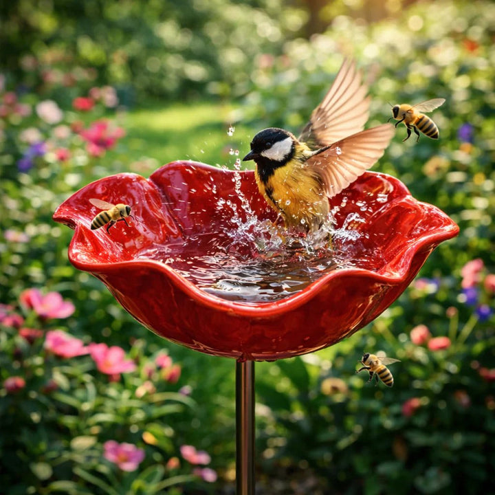 Briarcroft™ – Handcrafted Metal Poppy Garden Stake with Bird Bath Bowl + 50% OFF