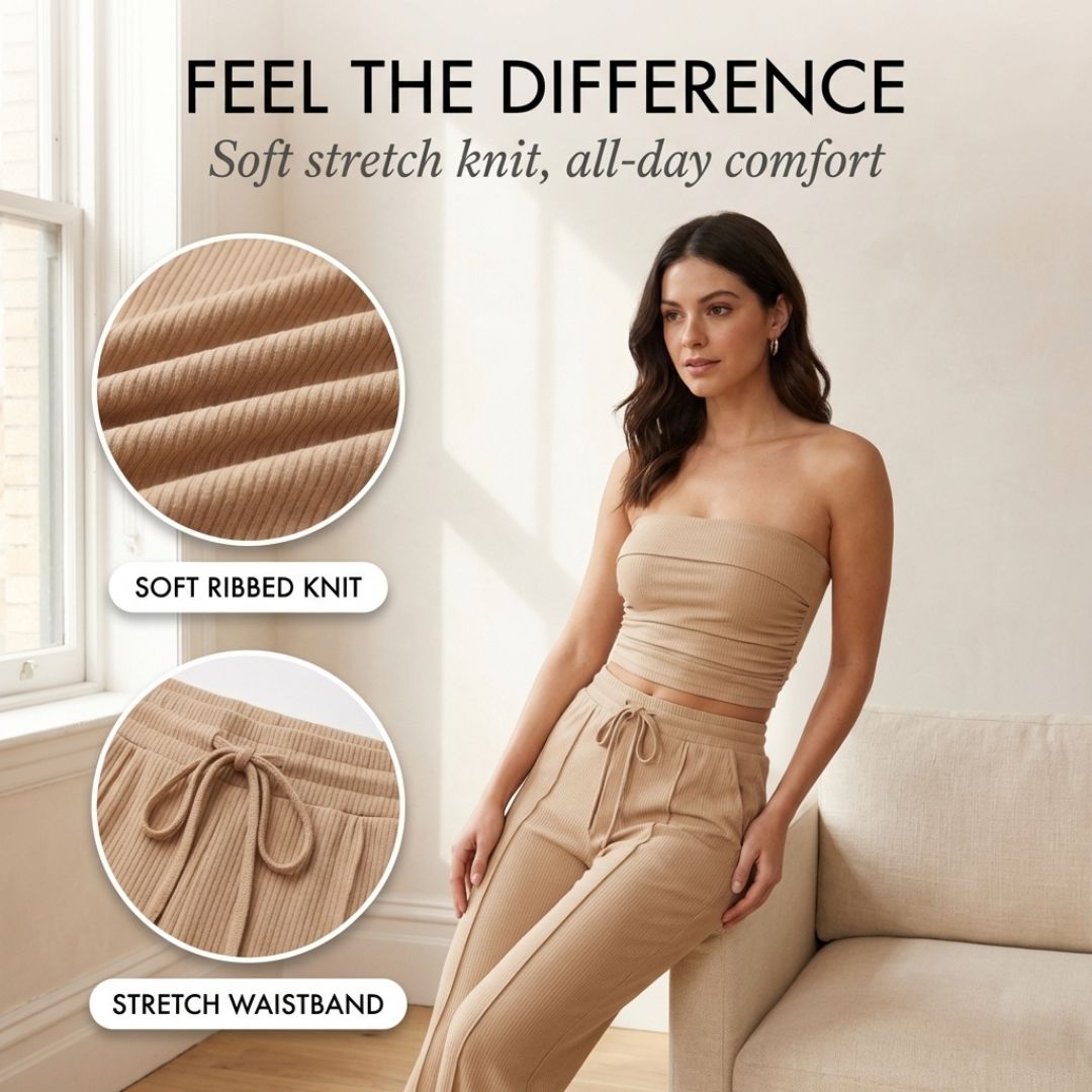 Riveaux™ – Ribbed Strapless Crop Top &amp; Wide-Leg Pants Matching Set + 50% OFF