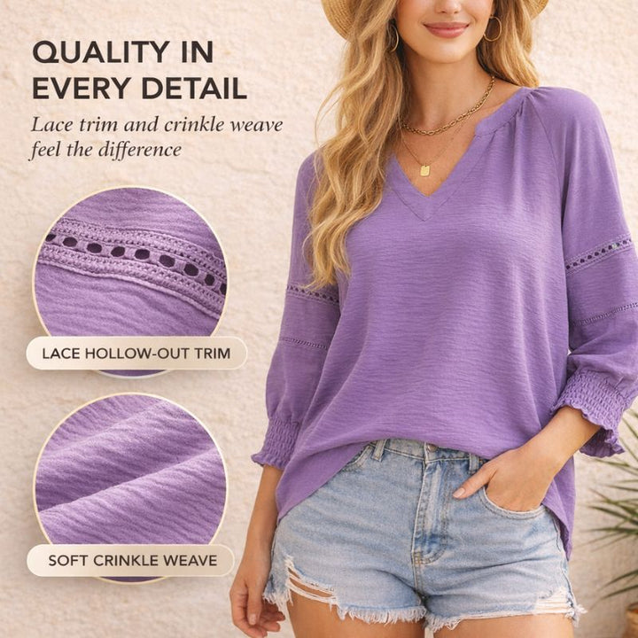 Fleurette™ – V-Neck Lace Hollow-Out Smocked Cuff Blouse + 50% OFF