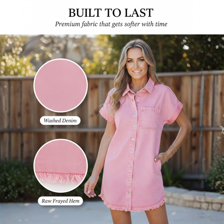 Chambray™ – Soft Washed Denim Button-Down Shirt Dress with Raw Frayed Hem + 50% OFF