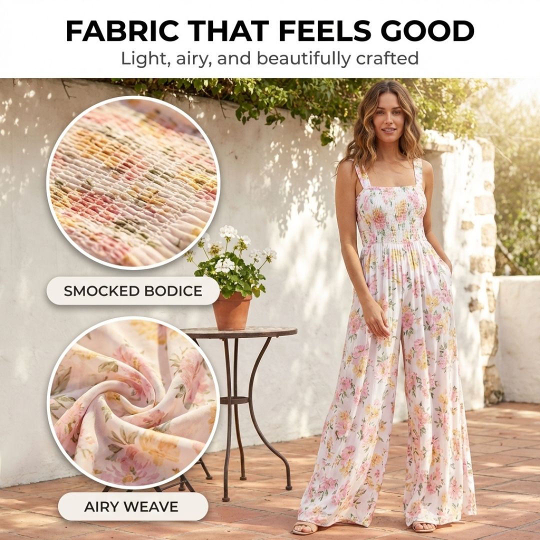 Petalia™ – Smocked Floral Wide-Leg Sleeveless Jumpsuit with Pockets + 50% OFF