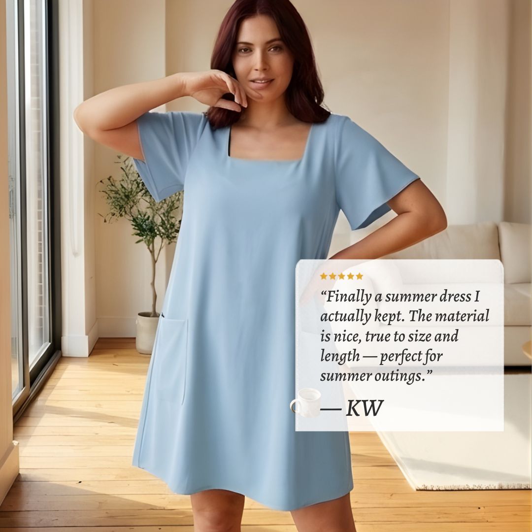 SwayForm™ – Square Neck Loose Fit Short Sleeve Mini Dress with Pockets + 50% OFF