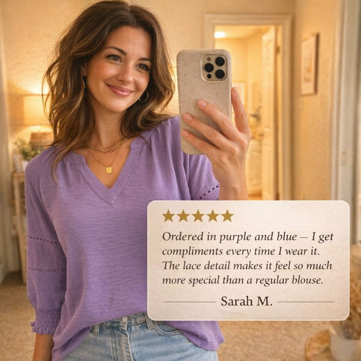 Fleurette™ – V-Neck Lace Hollow-Out Smocked Cuff Blouse + 50% OFF