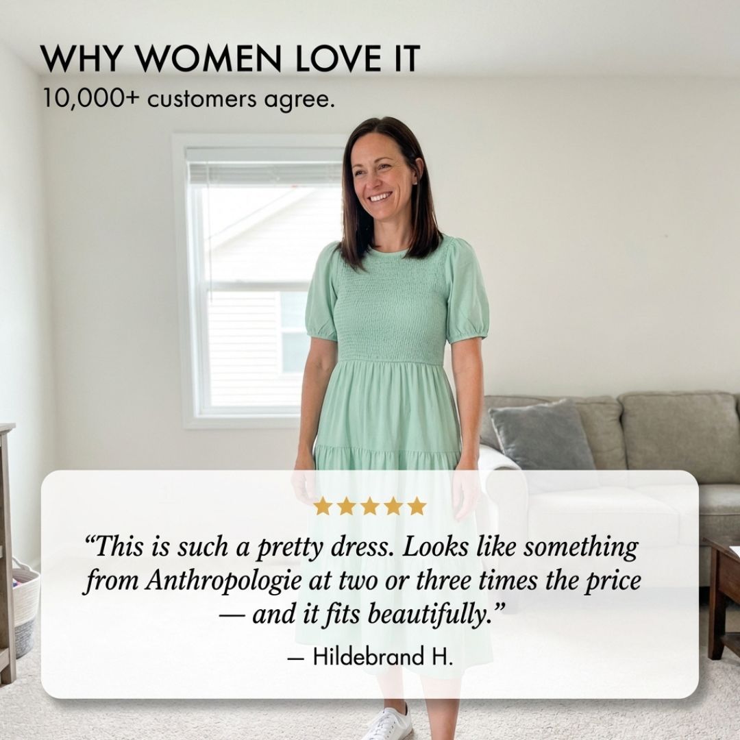 Gossamer™ – Smocked Puff Sleeve Tiered Midi Dress + 50% OFF