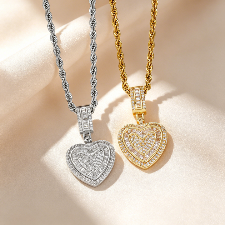 Coeurelle™ – Double Heart Pavé Pendant Necklace with Twisted Rope Chain + 50% OFF